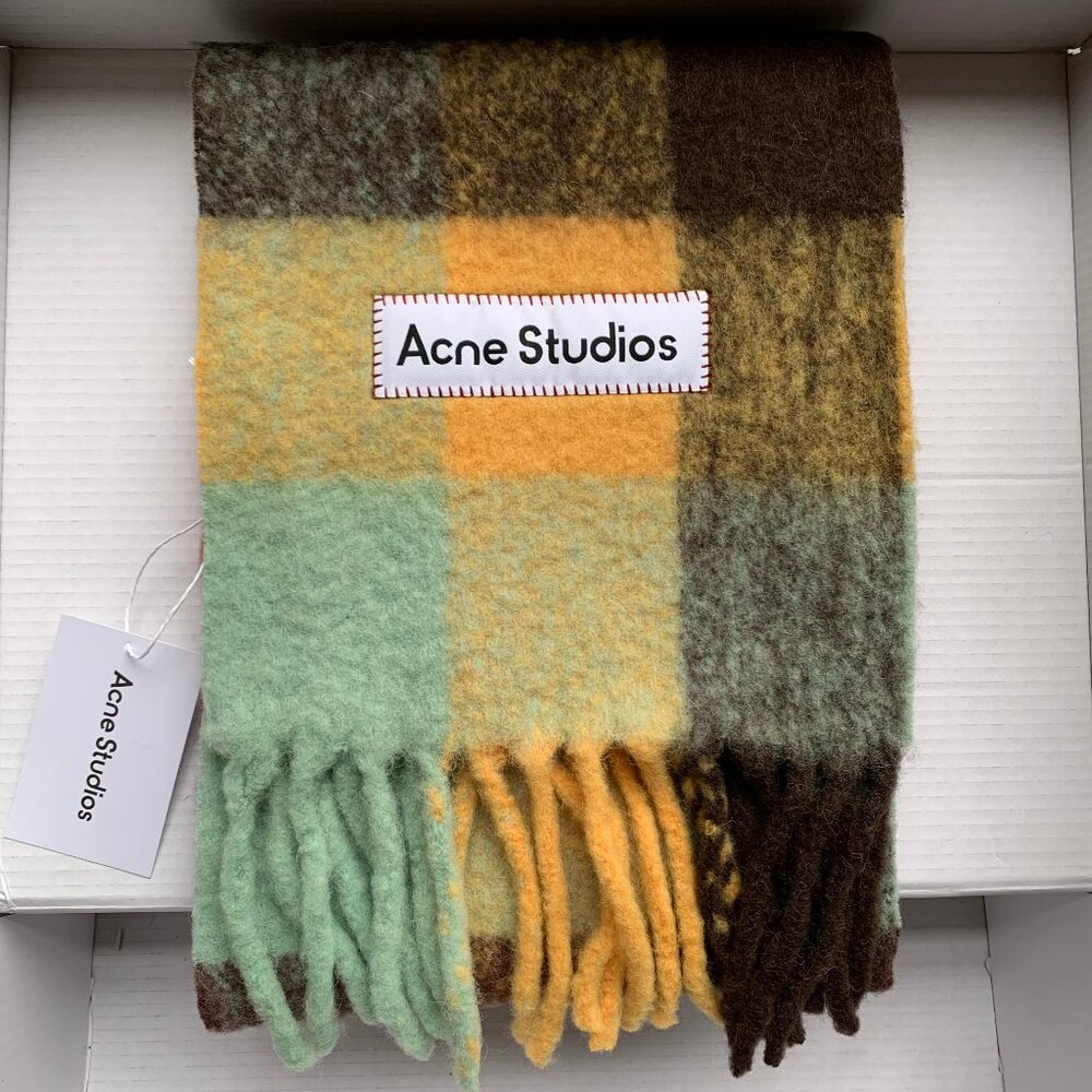 Acne Studios Mohair checked scarf Chestnut brown/yellow/green